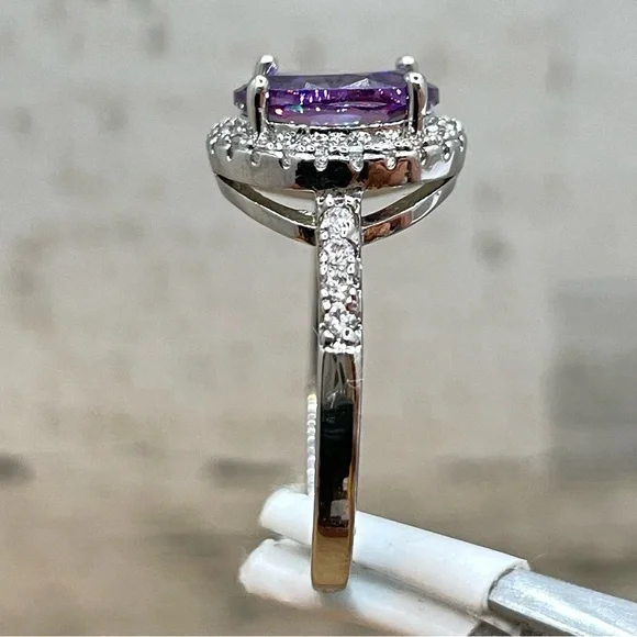Beautiful Statement Oval Cut Halo Purple Amethyst Diamond CZ Silver Plated Ring